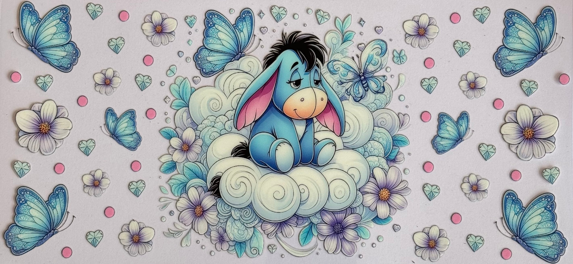 DTF wrap with Eeyore sitting on clouds surrounded by butterflies and flowers.