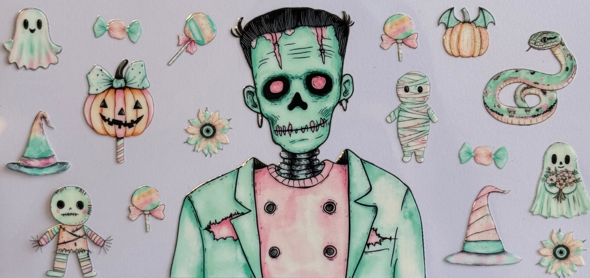 Cartoon zombie DTF wrap in neon green, pink, and orange accents, sized 24x11cm for 16oz cups.