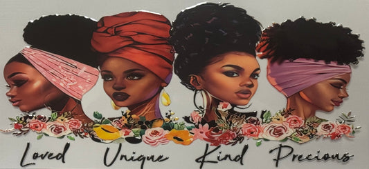A wrap with four illustrated Black women with headwraps surrounded by flowers and the words “Loved, Unique, Kind, Precious.”