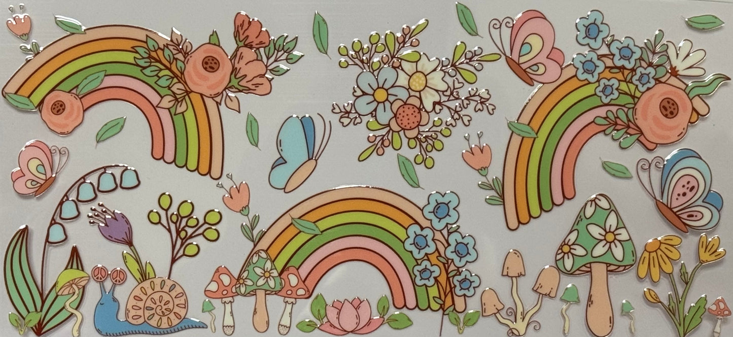 DTF wrap with pastel rainbows, flowers, butterflies, and mushrooms
