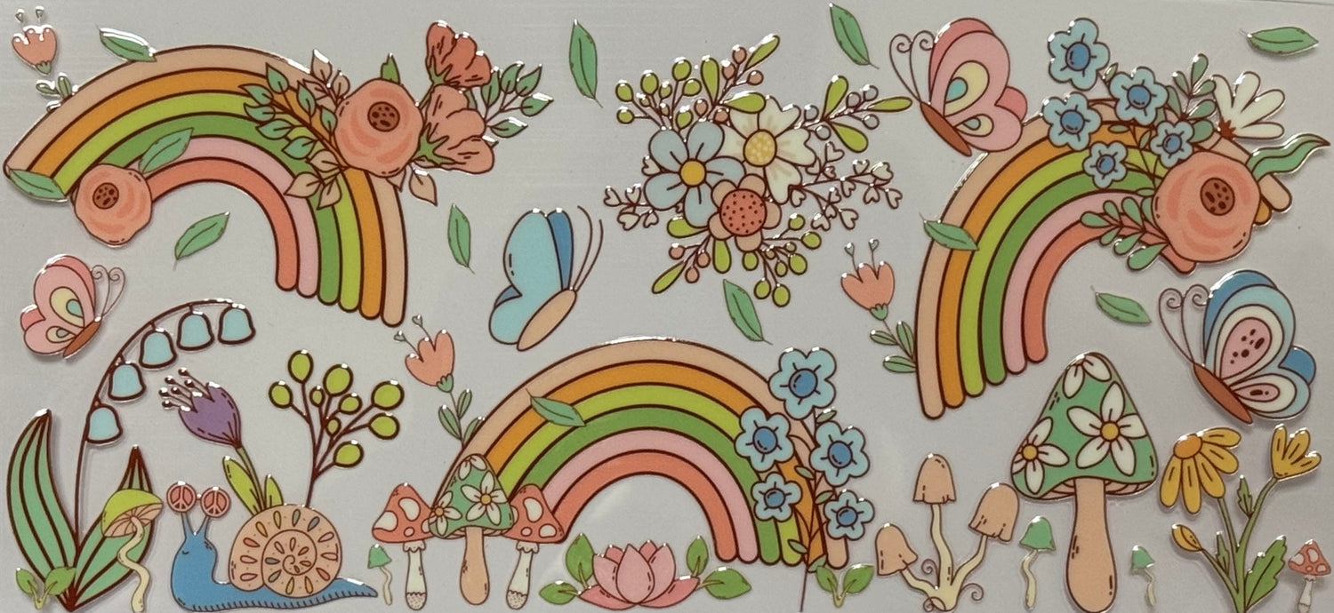 DTF wrap with pastel rainbows, flowers, butterflies, and mushrooms