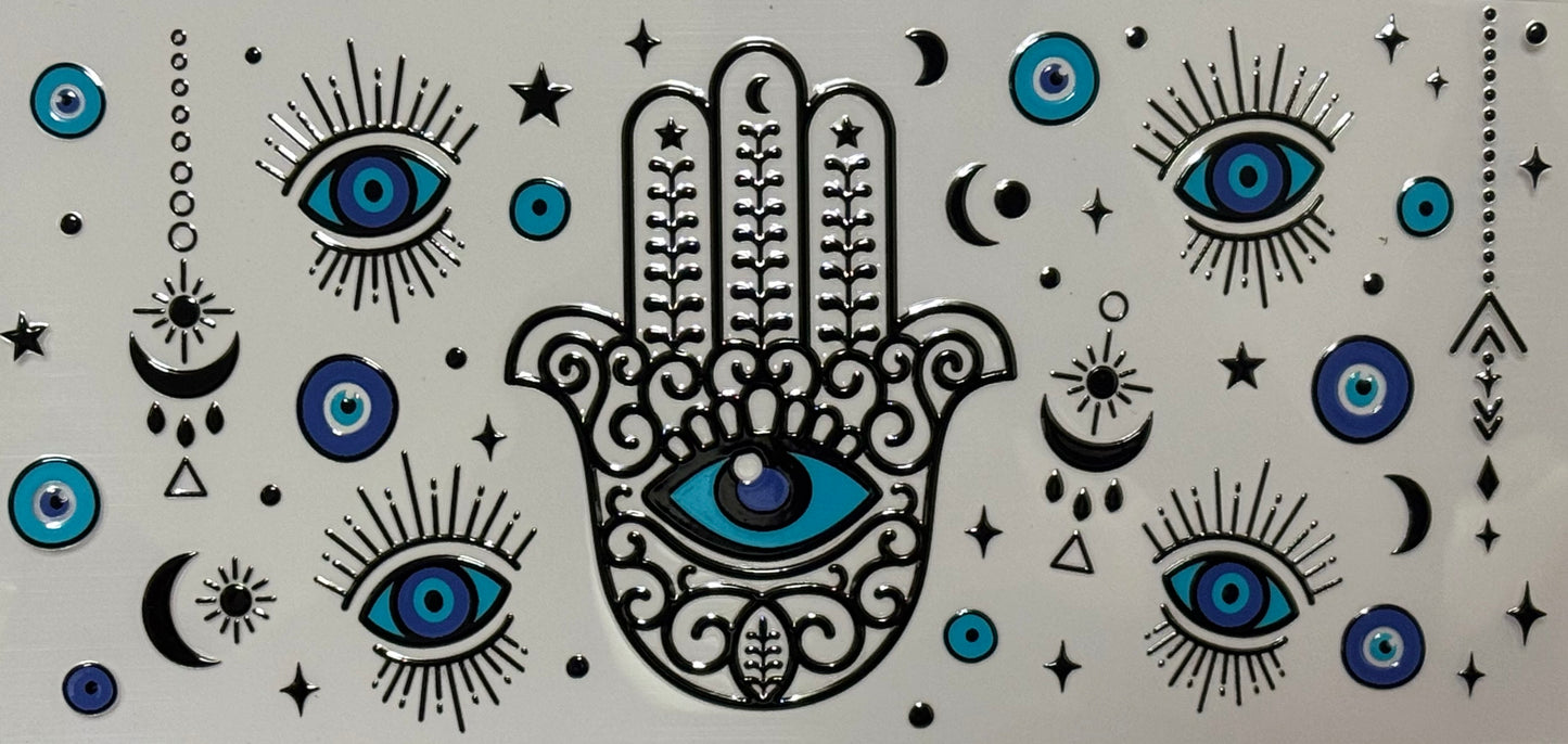 Hamsa hand with central blue eye surrounded by various evil eyes, stars, and crescent moons in black and blue tones.