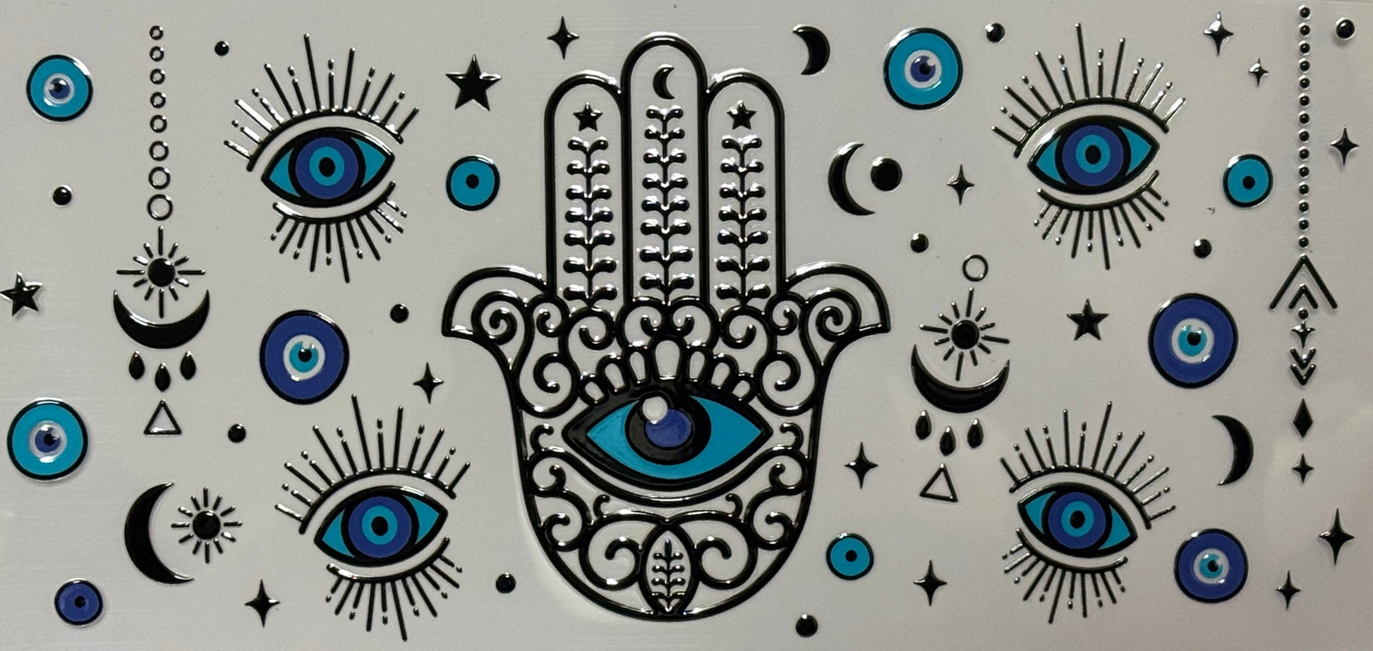 Hamsa hand with central blue eye surrounded by various evil eyes, stars, and crescent moons in black and blue tones.