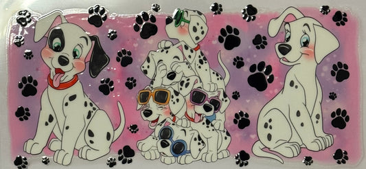 dalmatian puppies with sunglasses surrounded by paw prints