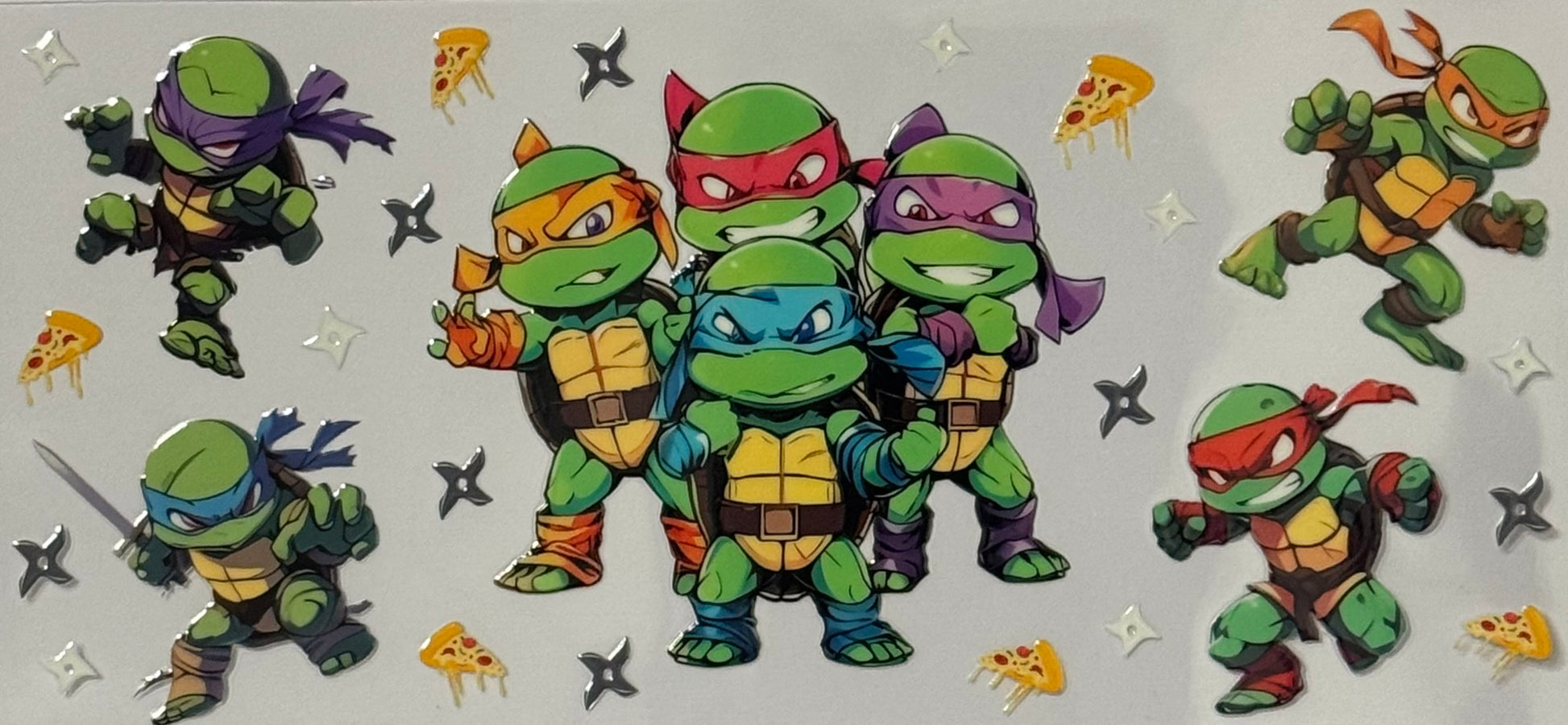 Teenage Mutant Ninja Turtles in fighting stances with pizza slices and ninja stars.