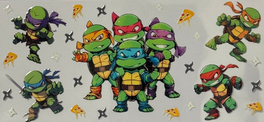 Teenage Mutant Ninja Turtles in fighting stances with pizza slices and ninja stars.