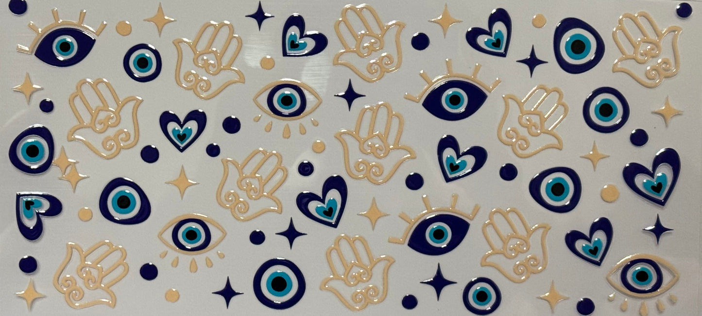 DTF wrap with blue evil eyes, hamsa hands, stars, and hearts