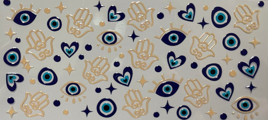 DTF wrap with blue evil eyes, hamsa hands, stars, and hearts