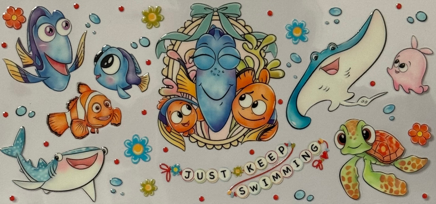 A Finding Nemo design with Nemo, Dory, Marlin, Crush the turtle, and other characters with “Just Keep Swimming” text and colorful flowers.
