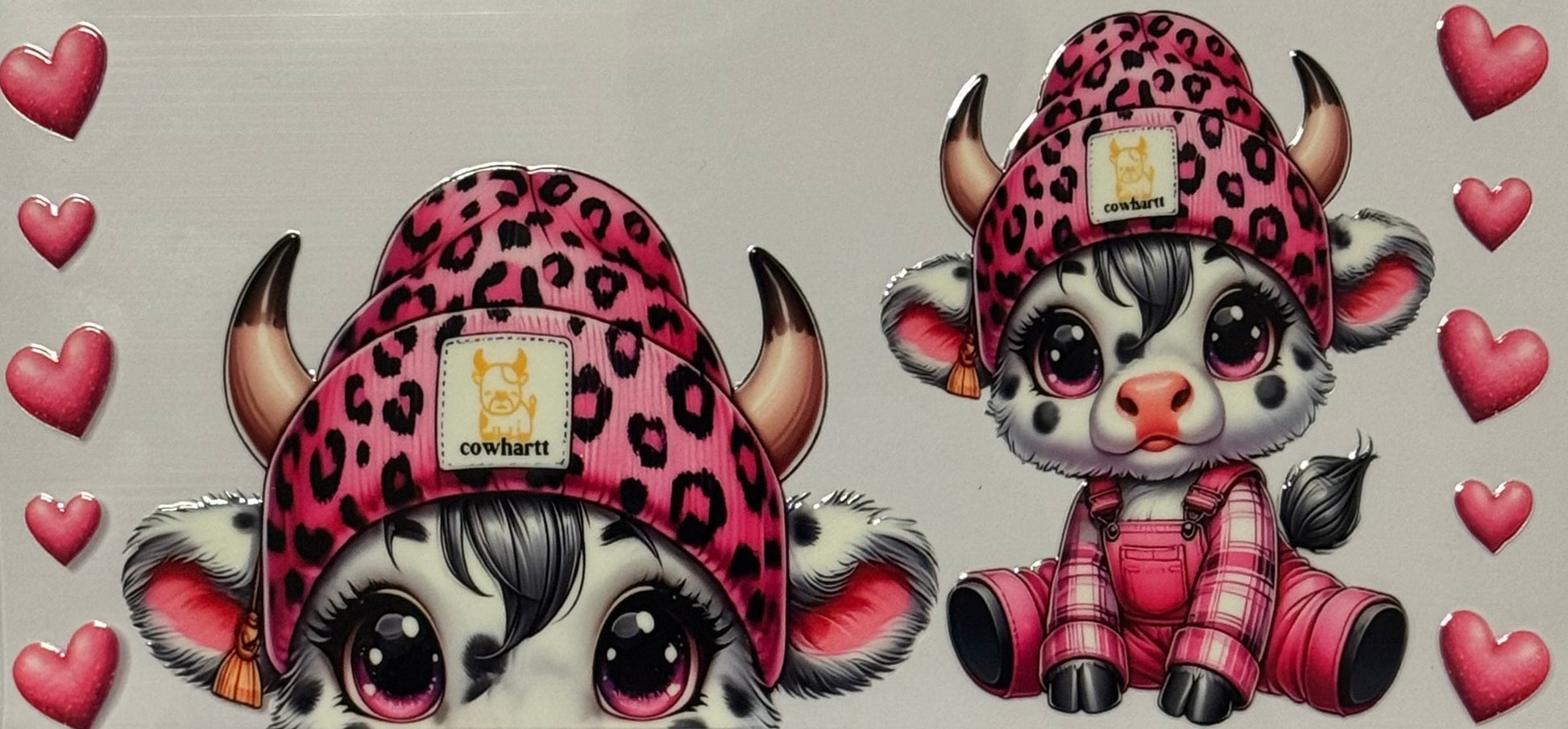 cartoon cow in pink leopard beanie and overalls with hearts