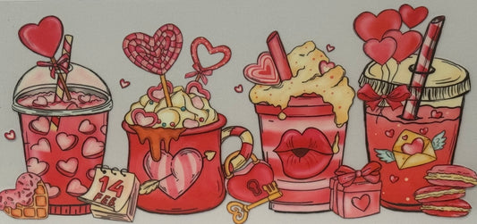 Illustrated drinks decorated with hearts, straws, candy, gifts, and a Valentine’s Day calendar page.