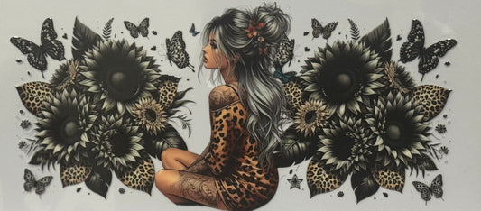 A girl in a leopard-print outfit sitting among large black sunflowers with butterflies around her.
