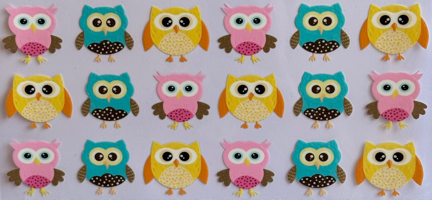 Cartoon owls in blue, yellow, and pink DTF wrap, sized 24x11cm.
