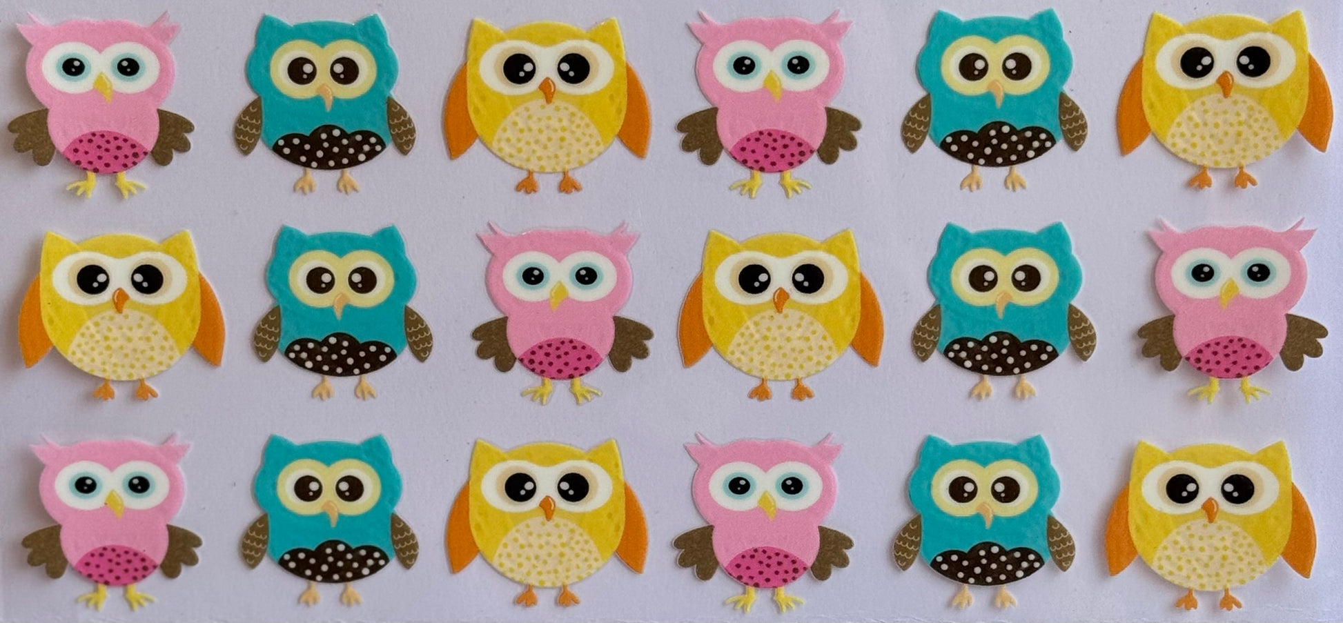 Cartoon owls in blue, yellow, and pink DTF wrap, sized 24x11cm.
