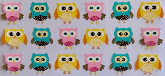 Cartoon owls in blue, yellow, and pink DTF wrap, sized 24x11cm.
