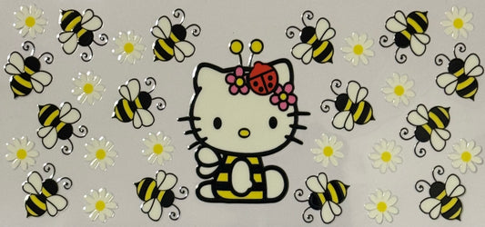 Hello Kitty in a bee outfit with bees, daisies, and a ladybug.