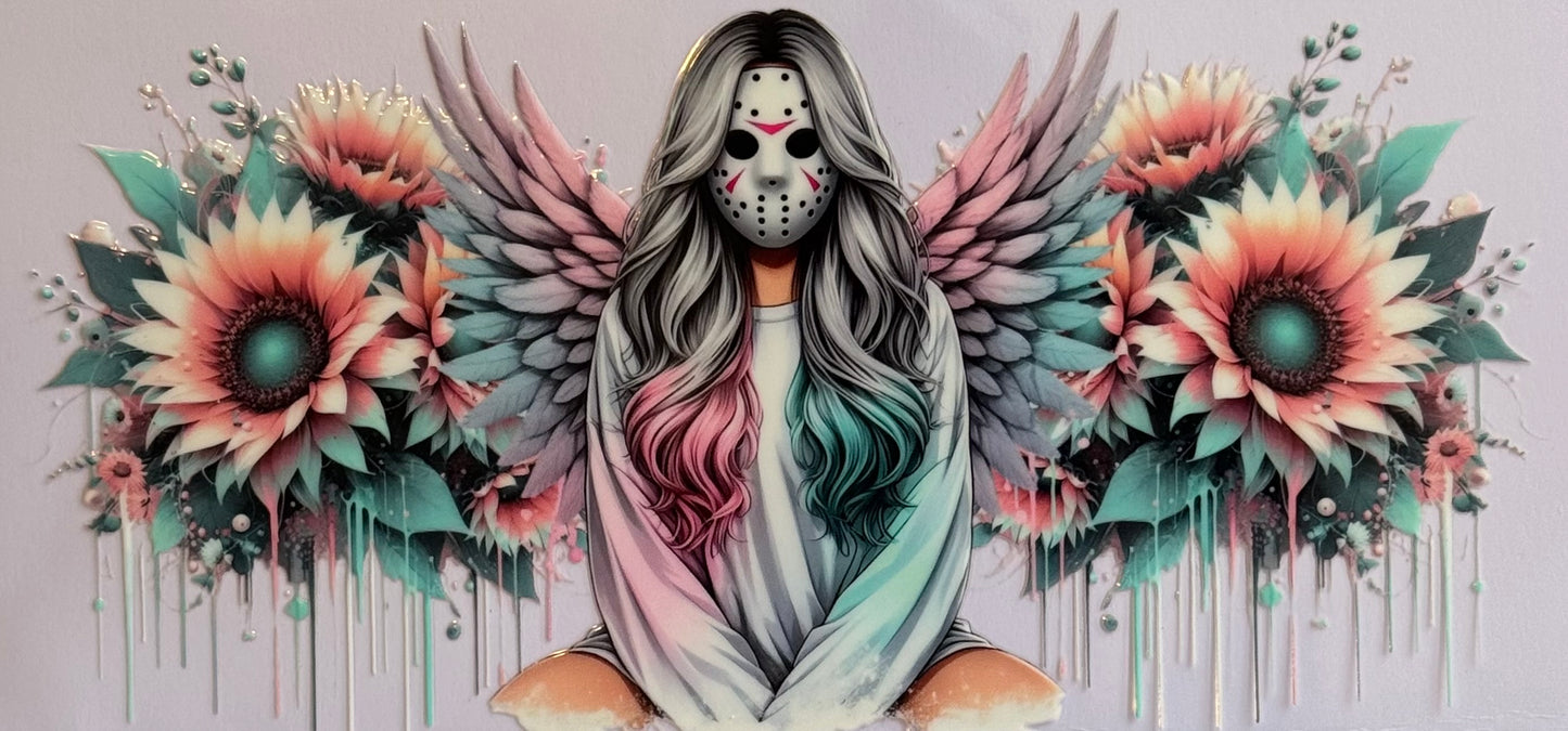 Winged girl with Jason hockey mask and sunflower accents DTF wrap, sized 24x11cm for 16oz tumblers.
