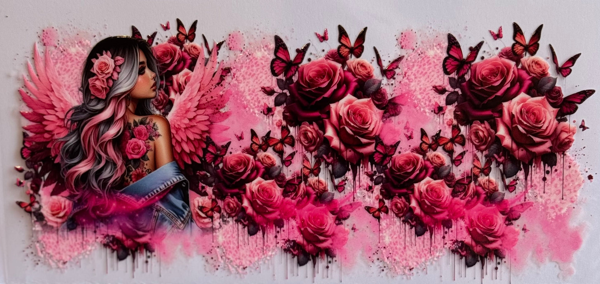 Angel with pink wings surrounded by roses and butterflies DTF wrap, sized 24x11cm for 16oz tumblers.