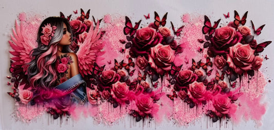 Angel with pink wings surrounded by roses and butterflies DTF wrap, sized 24x11cm for 16oz tumblers.