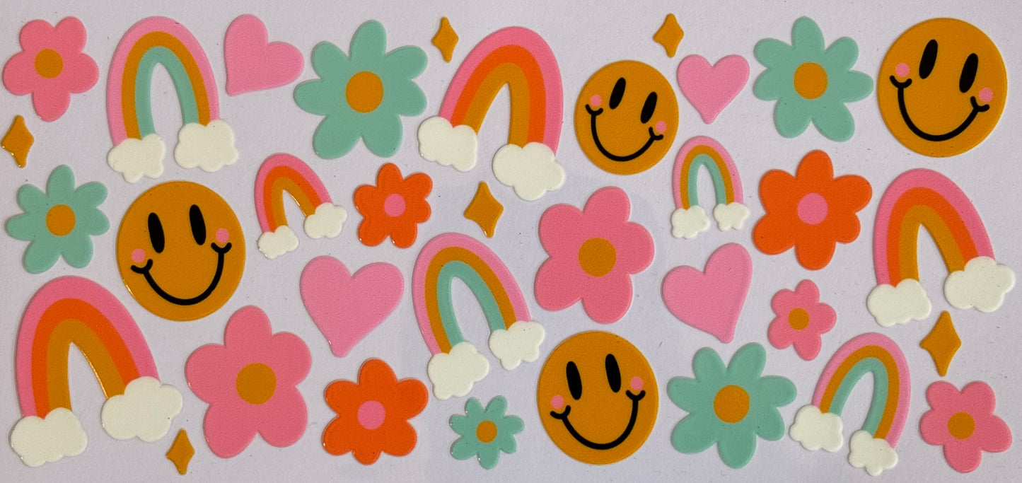 Retro rainbows, smiley faces, hearts, and flowers DTF wrap, 24x11cm.