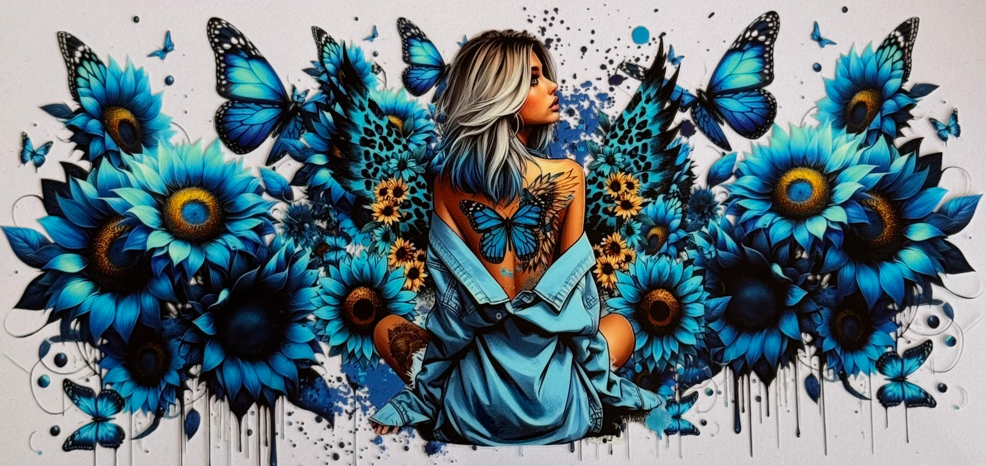 Blonde girl with blue butterfly wings on her back surrounded by blue sunflowers and flying butterflies.