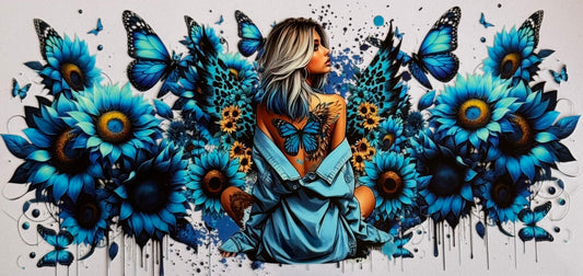Blonde girl with blue butterfly wings on her back surrounded by blue sunflowers and flying butterflies.