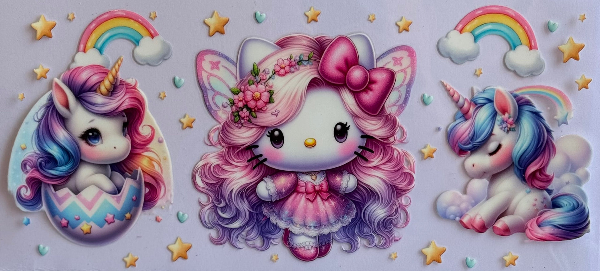 Hello Kitty DTF wrap with unicorns, rainbows, stars, and love hearts, sized 24x11cm.