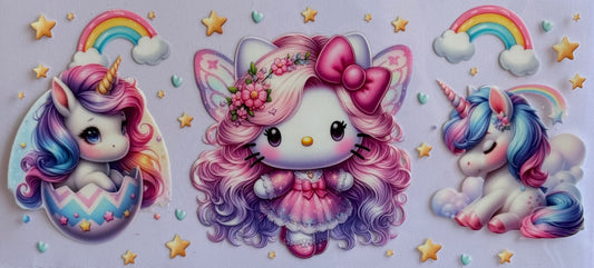 Hello Kitty DTF wrap with unicorns, rainbows, stars, and love hearts, sized 24x11cm.