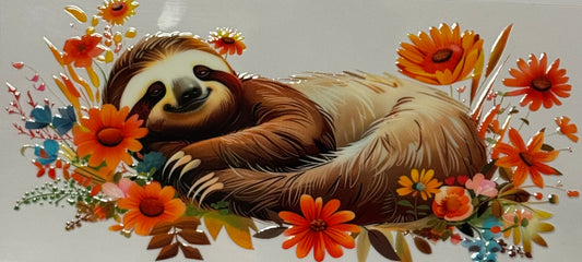 smiling sloth lying among orange and pink daisies