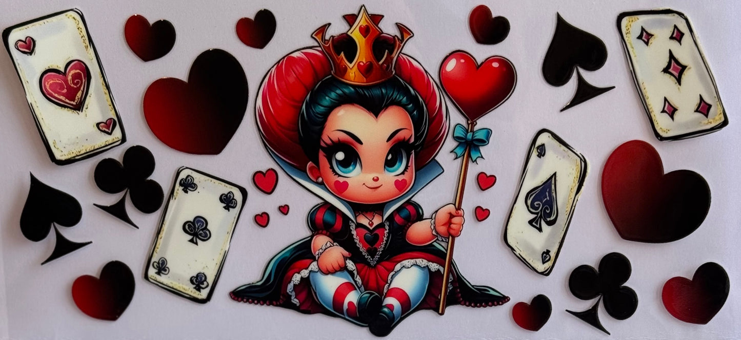DTF wrap with cartoon Queen of Hearts, playing cards, hearts, spades, and clubs.