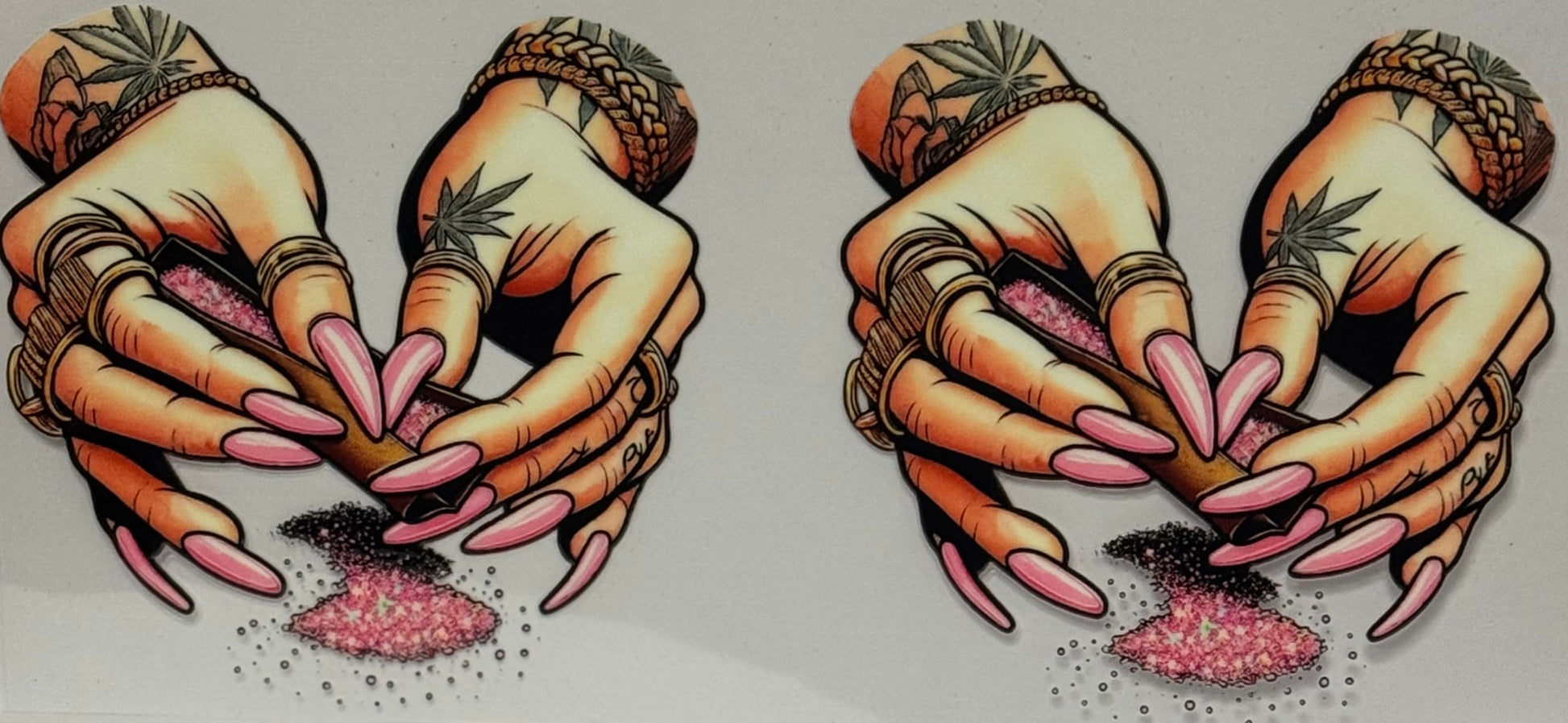 hands with tattoos and long pink nails rolling pink glitter with bold edgy style