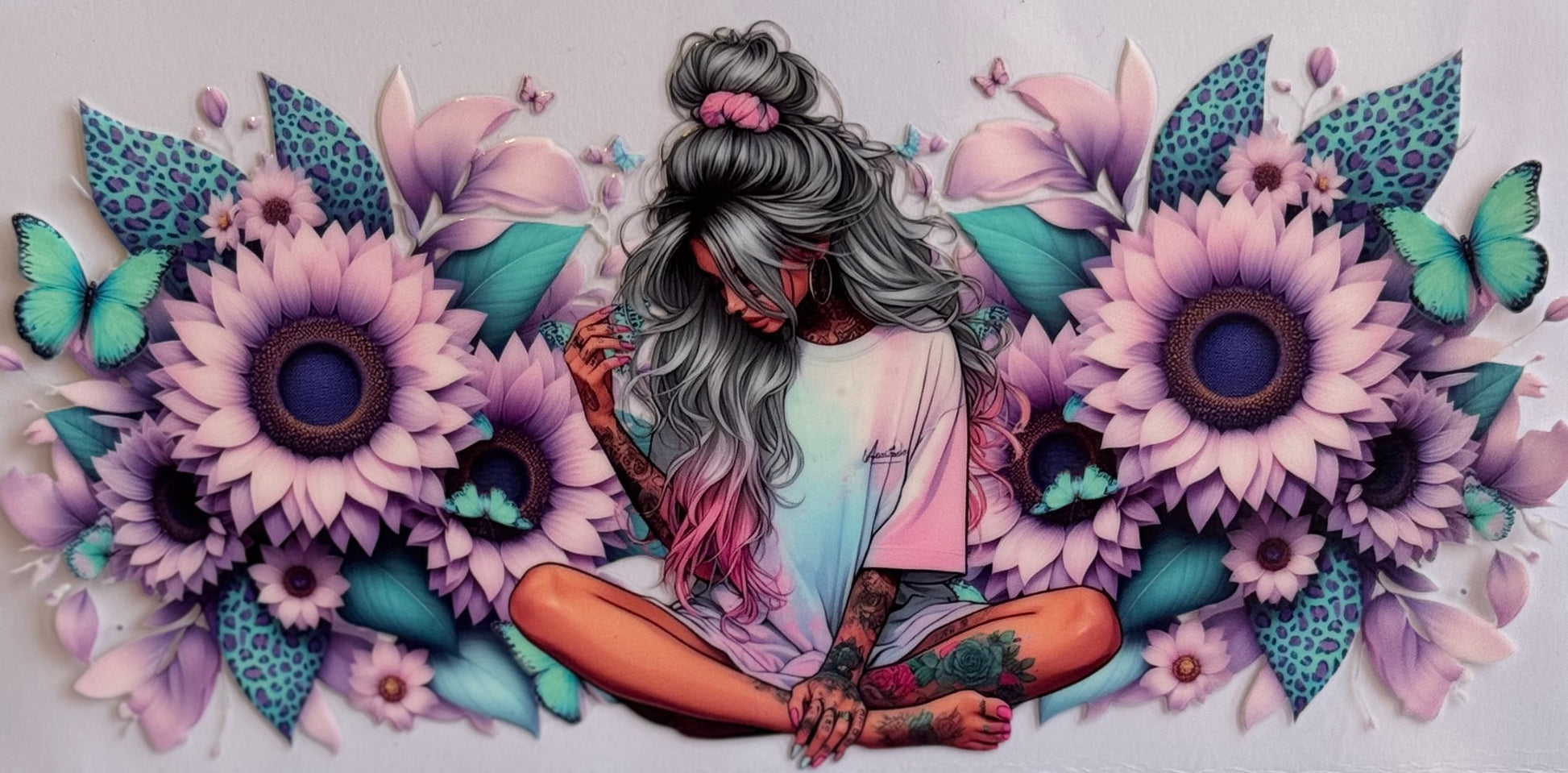 DTF wrap of a girl with silver and pink hair surrounded by pastel sunflowers and butterflies.