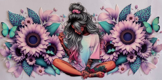 DTF wrap of a girl with silver and pink hair surrounded by pastel sunflowers and butterflies.