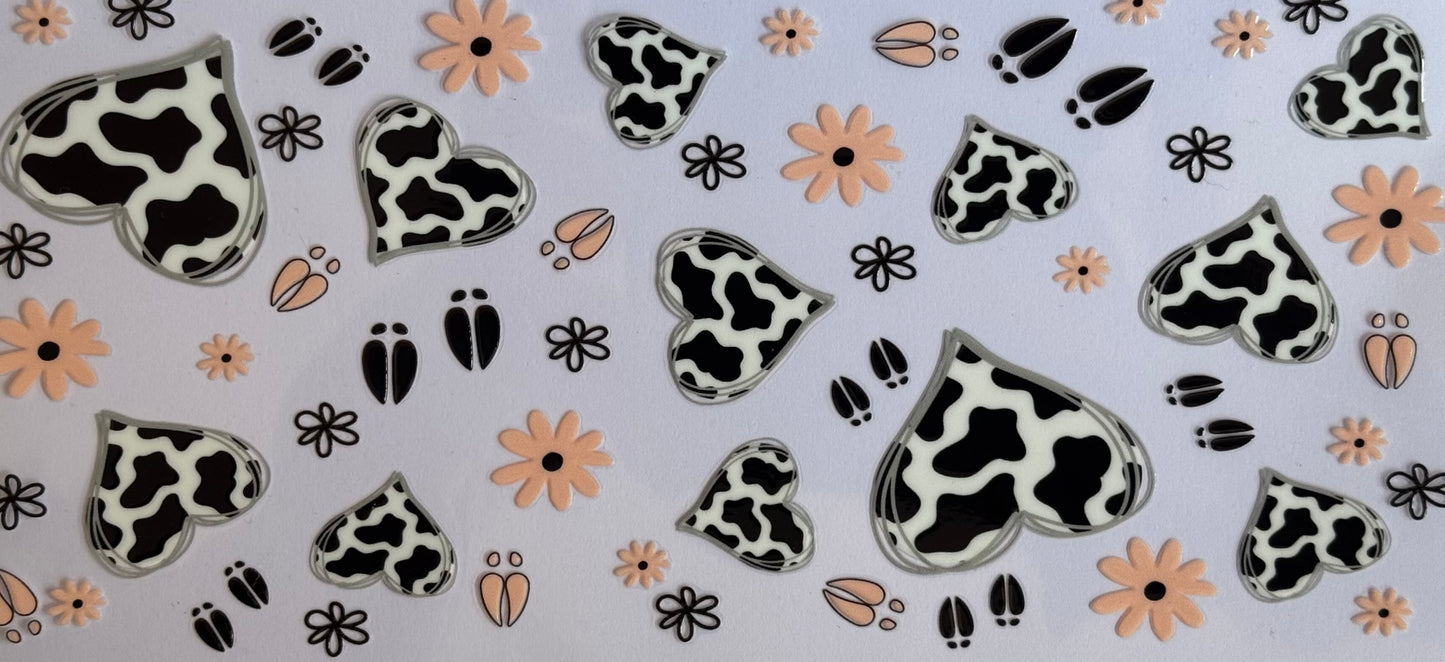 Cow print hearts and peach flowers DTF wrap 24x11cm for 16oz tumblers