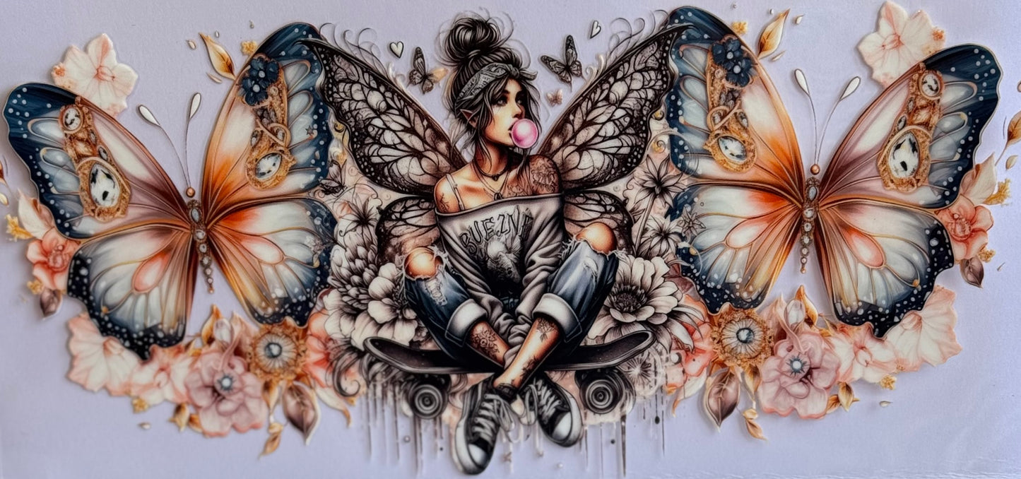  DTF wrap of a girl with butterfly wings sitting on a skateboard with two large butterflies.