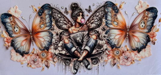  DTF wrap of a girl with butterfly wings sitting on a skateboard with two large butterflies.