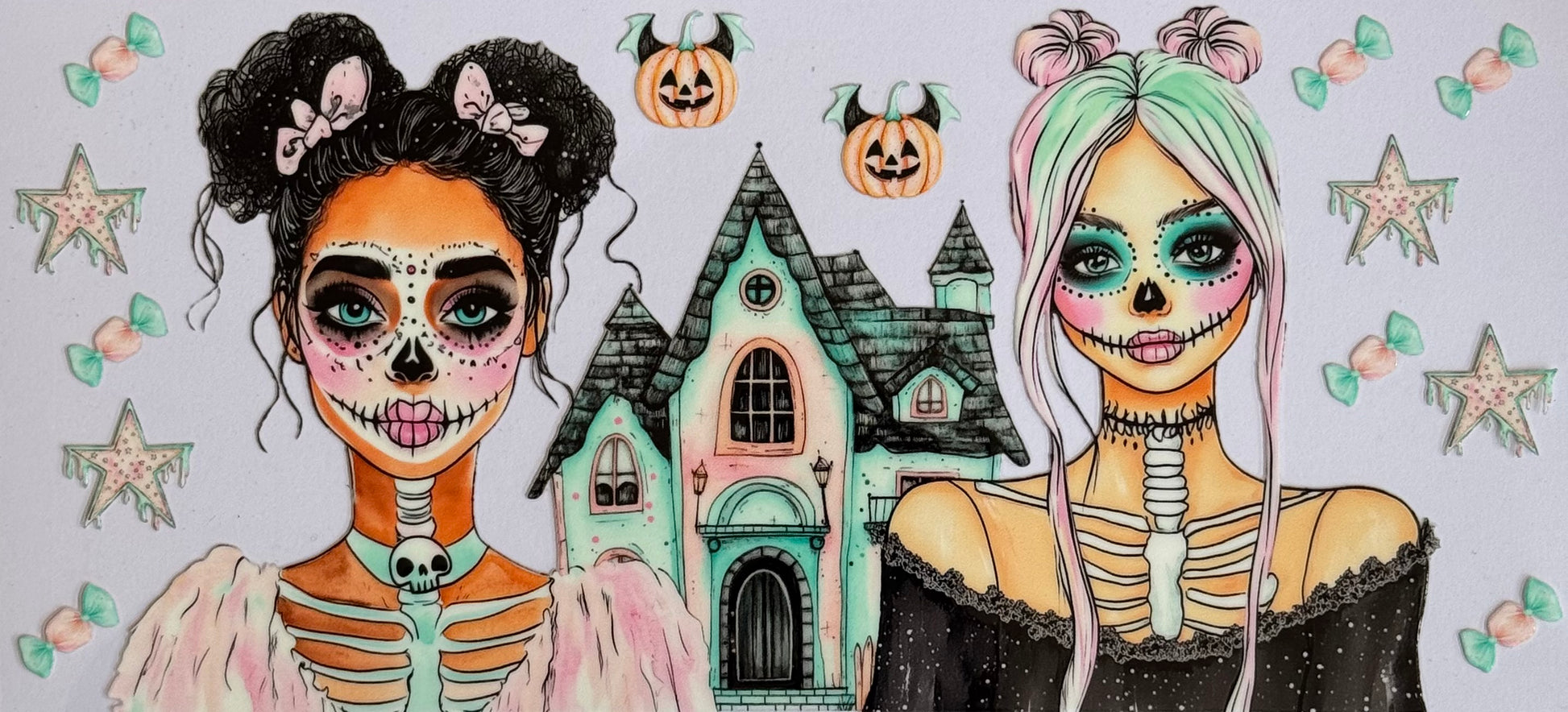 Halloween DTF wrap with two skeleton girls, a haunted house, pumpkins, and stars.