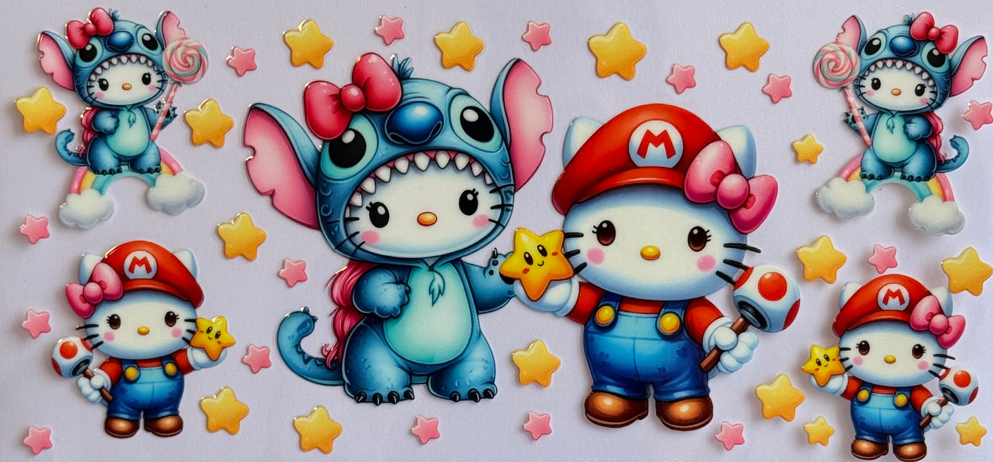DTF wrap mashup design featuring Hello Kitty, Stitch, and Mario in a fun crossover, sized 24x11cm for 16oz tumblers.