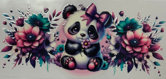 cute panda with bow surrounded by pink and teal flowers