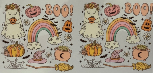 A pastel Halloween design with ghosts, pumpkins, rainbows, witch hats, cauldrons, cobwebs, and “Boo!” text in soft pink, orange, and yellow tones.